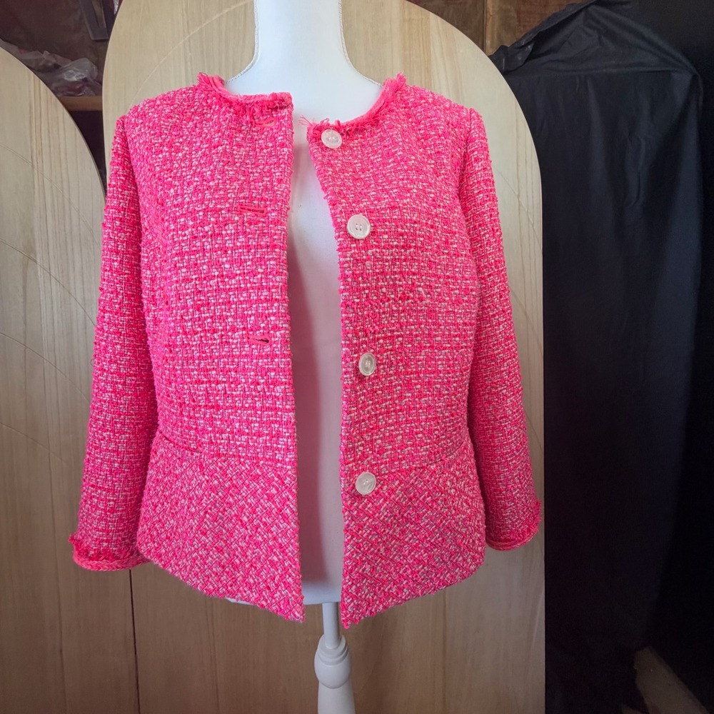 Talbots Tweed Blazer Womens 12 Pink Fringe Trim Button Front Peplum Jacket